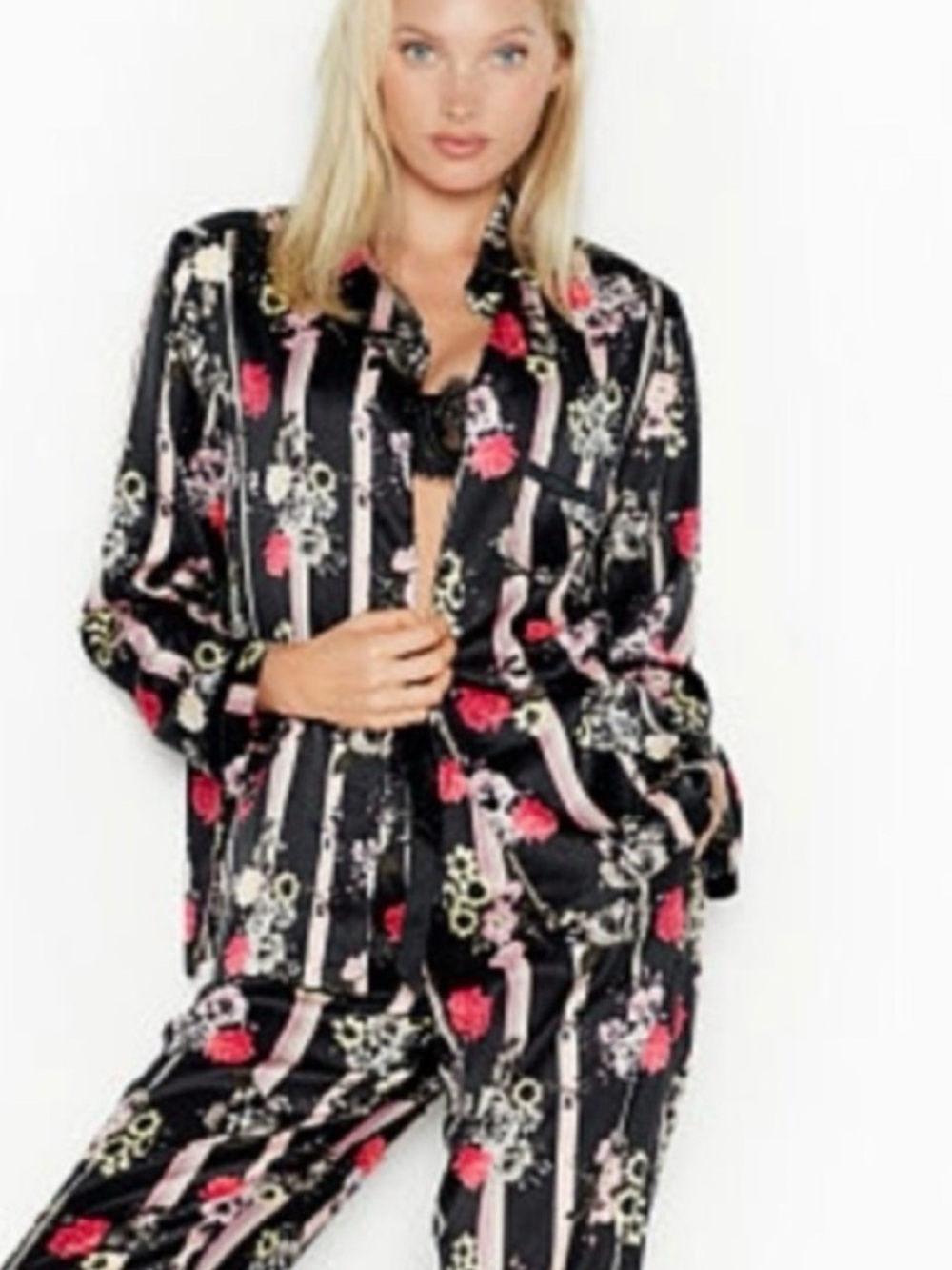 Victoria’s Secret Satin Floral Pajama Set Matching Lounge Set Black | Size S - Picture 3 of 17